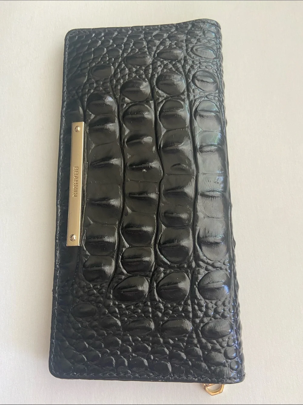 BRAHMIN Ady Wallet Melbourne Black Croc Leather Slim Bifold Wallet ID Window